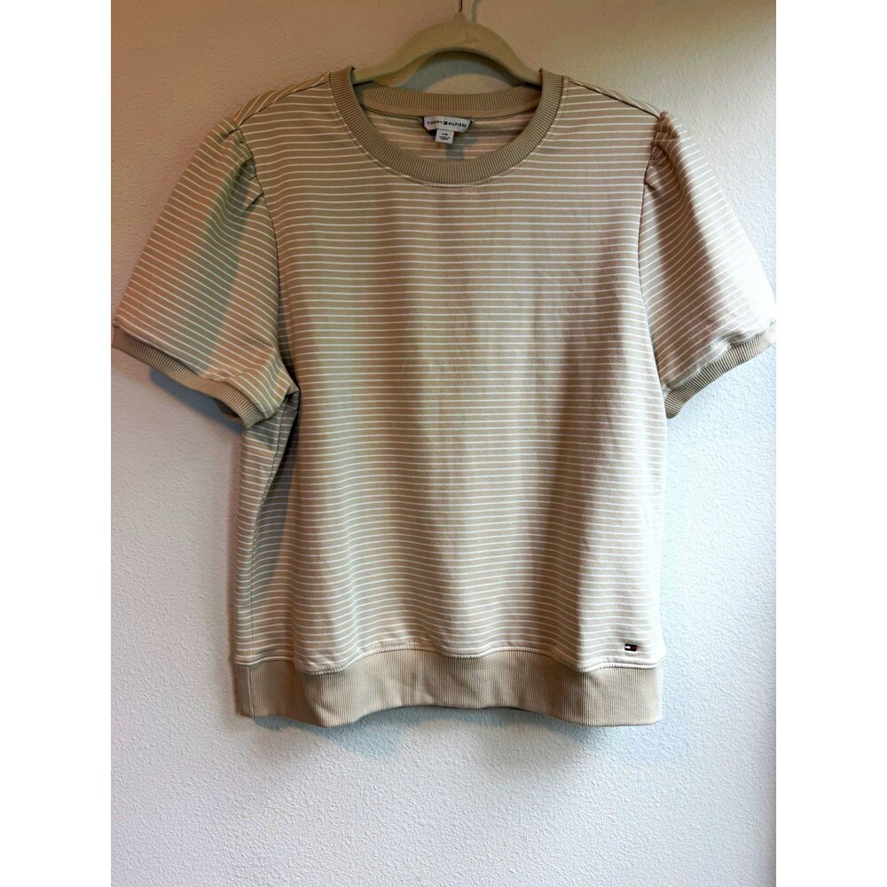 Tommy Hilfiger Men's Striped Ribbed Logo T-Shirt Beige/White Size L Crew Neck